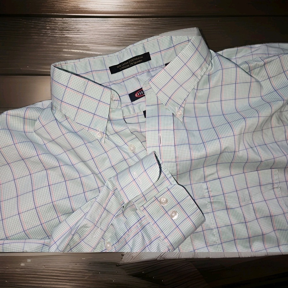 Overton Mens Blue Green Pink Check  Light Performance Button Down L Sunmer EXC‎